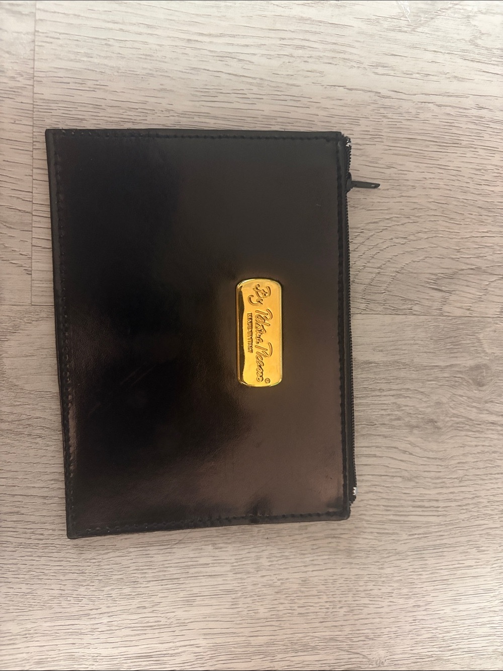 Paloma Picasso Black Leather Zip Pouch with Gold Plaque